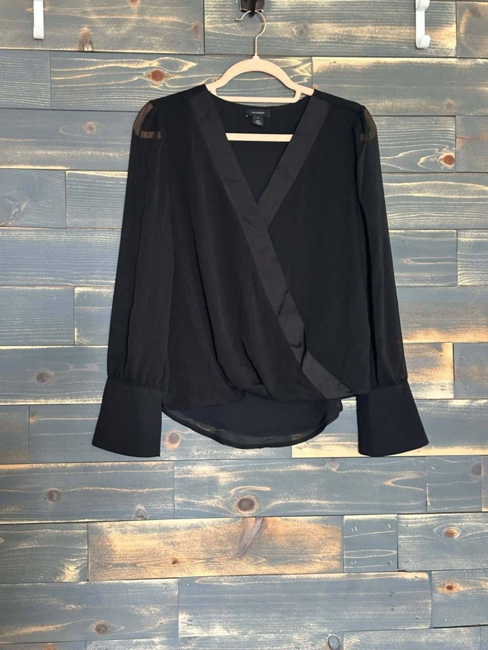 Halogen Black Wrap Blouse with Statement Cuffs (faux wrap)